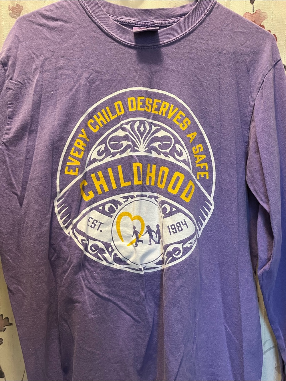 Comfort Colors Purple Long-Sleeve Graphic Tee with Yellow and White Print NCMEC